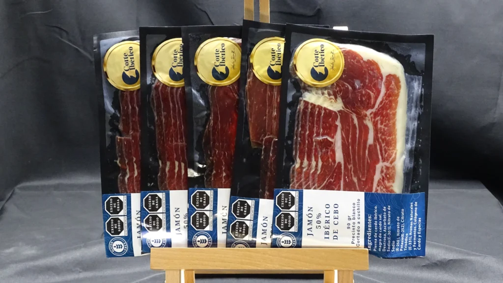 Kit de 5 sobres de jamón 50% ibérico de cebo rebanado a máquina 500g total.